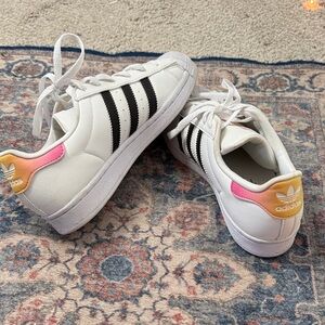 adidas White and Black Sneakers with Pink and Gold Accents
